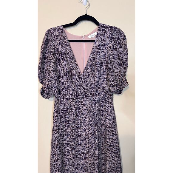 Parker Dress Purple Polka Dot Print Silk Blend Puff Sleeve Faux Wrap Midi Size 4 - Picture 2 of 5